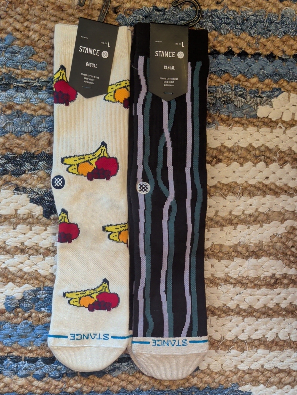 2 Pairs Stance Menās Crew Socks in White Fruit Pattern & Black Striped